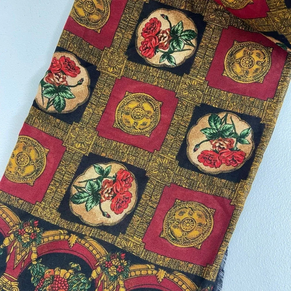 Women's vintage black rose renaissance fruit fringe lightweight fashion scarf‎
